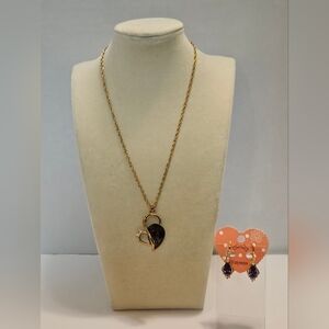 Gold Heart Pendant Necklace and Purple Earrings Set